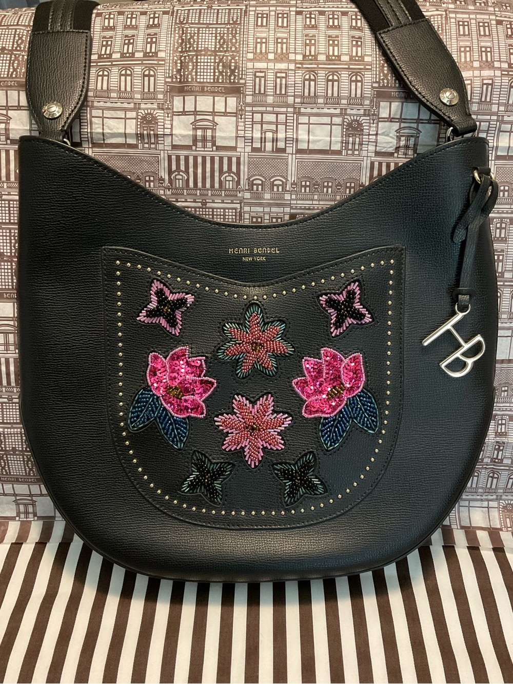 Henri Bendel West 57th Embellished Floral Appliqué Crossbody Hobo